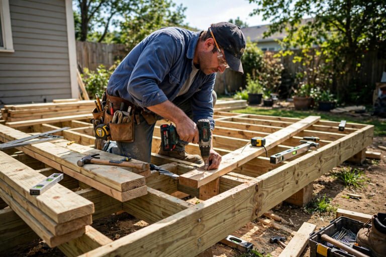 Carpenter framing a new wooden deck