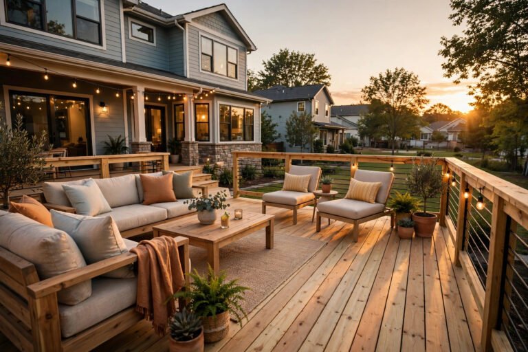 Newly built wooden deck at sunset in Knoxville TN