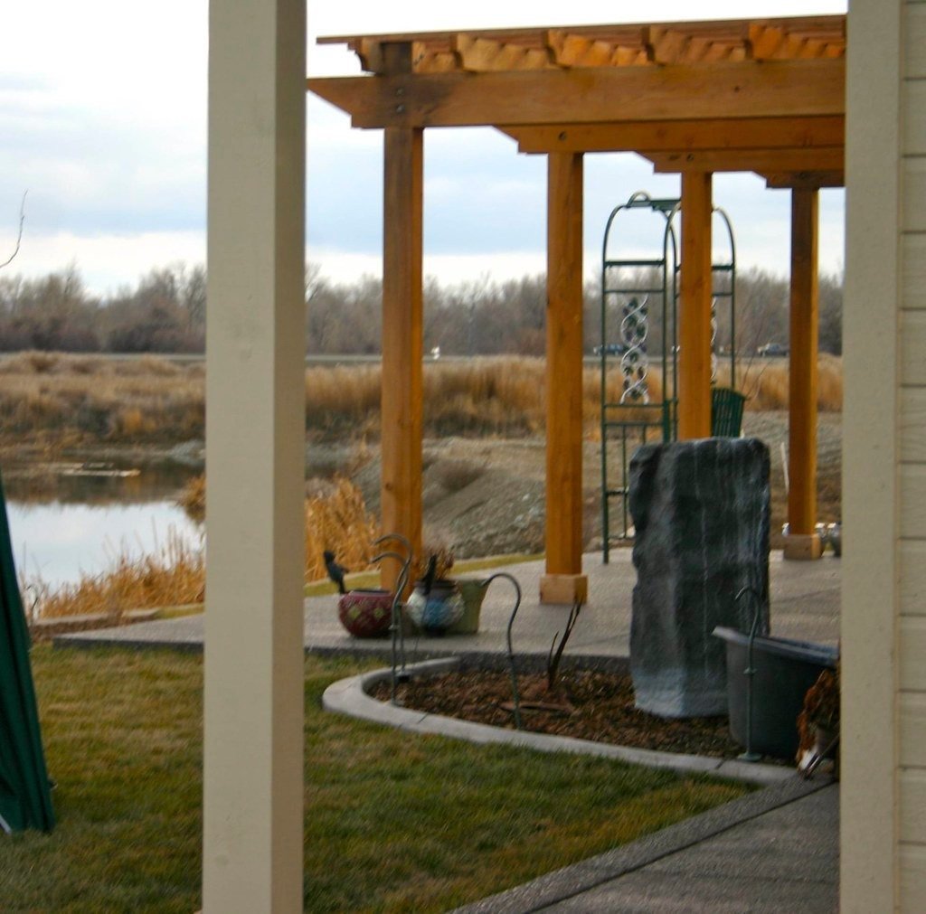 Pergola posts and slatted roof structure